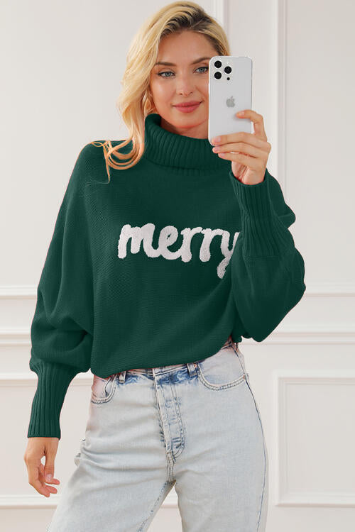 Merry Letter Embroidered High Neck Sweater Bazaarbey