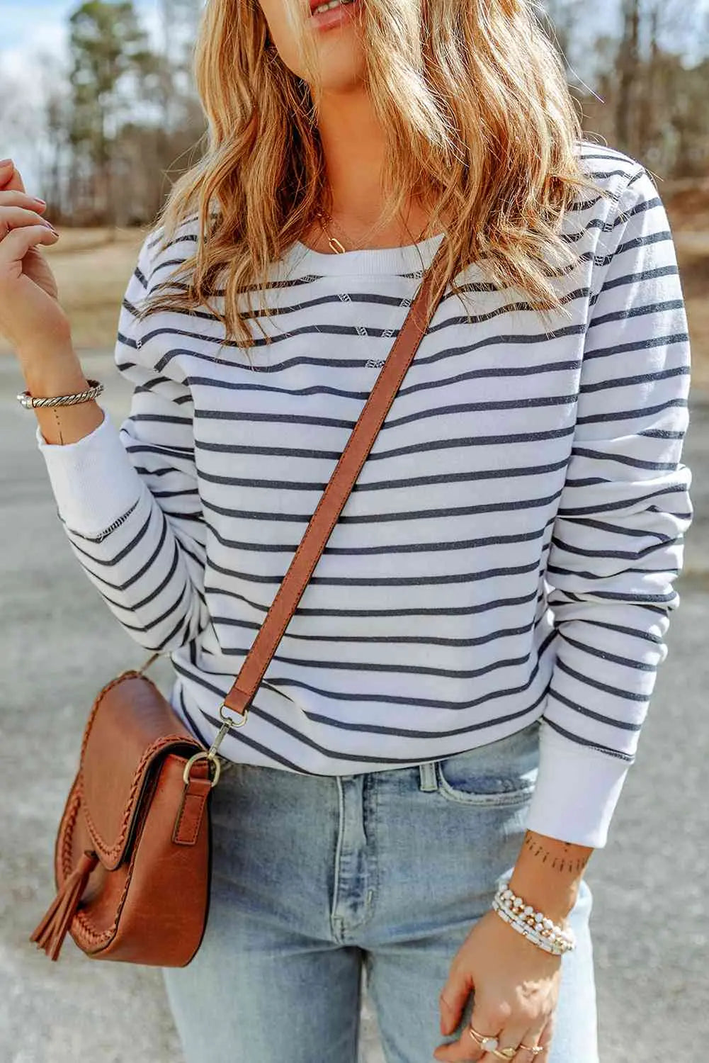 BazaarBey Striped Long Sleeve Round Neck Top Trendsi