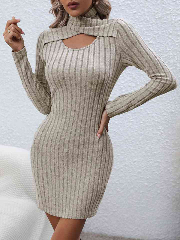 Long Sleeve Ribbed Sweater Dress Bazaarbey