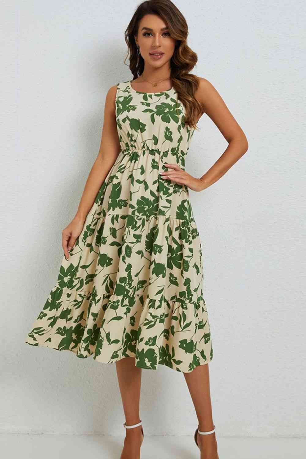 Floral Round Neck Tiered Sleeveless Dress -BazaarBey - www.shopbazaarbey.com