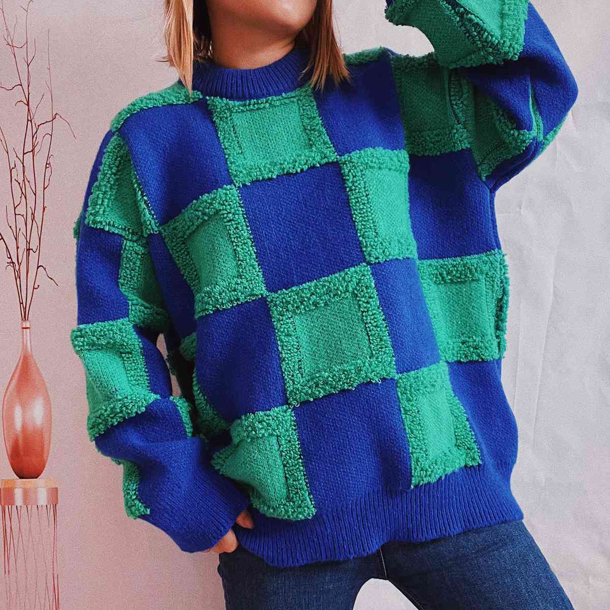 Checkered Round Neck Long Sleeve Sweater Bazaarbey