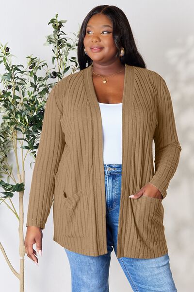   Ribbed Open Front Cardigan with Pockets Bazaarbey