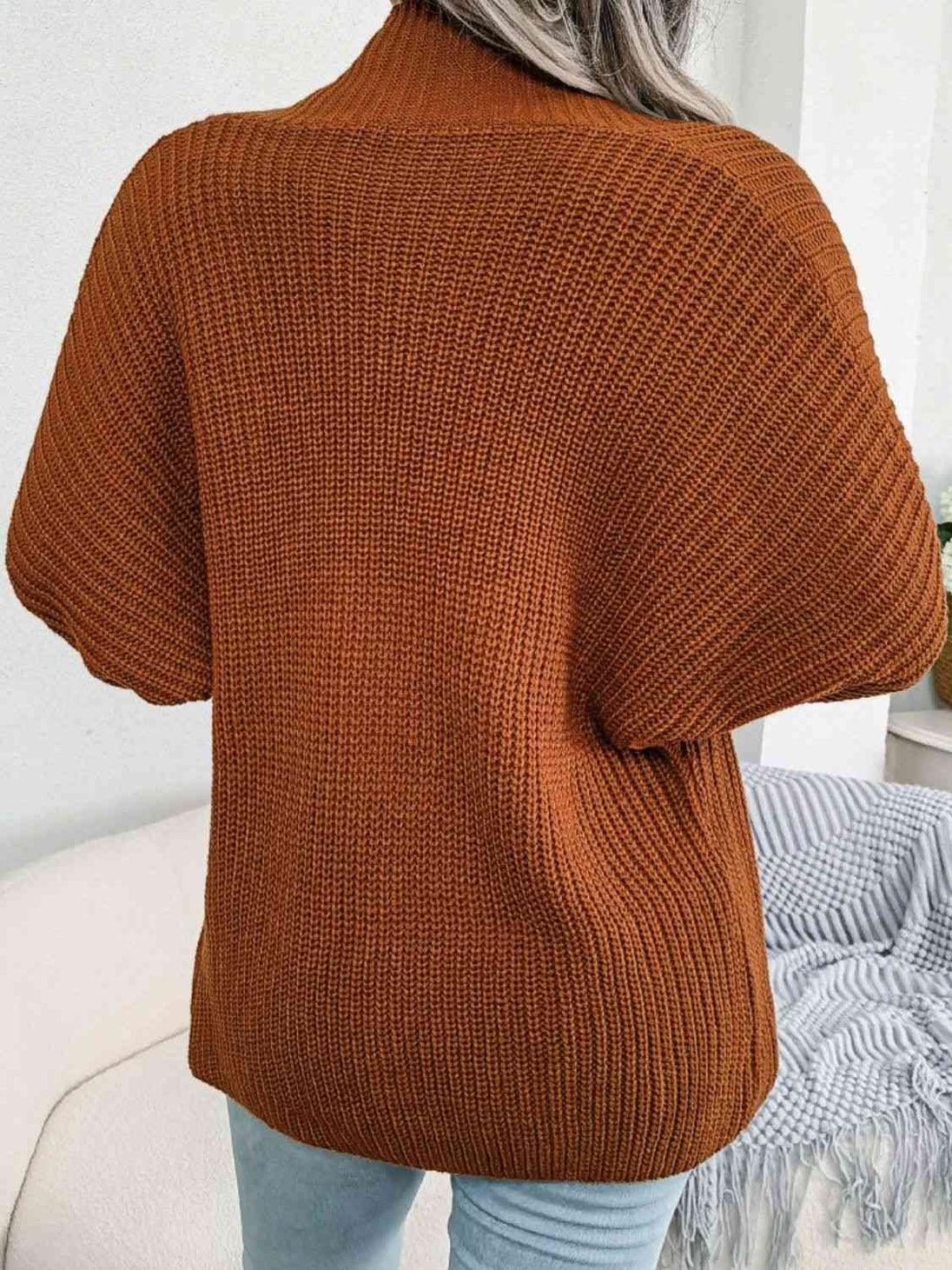 Rib-Knit Open Front Dolman Sleeve Cardigan Trendsi