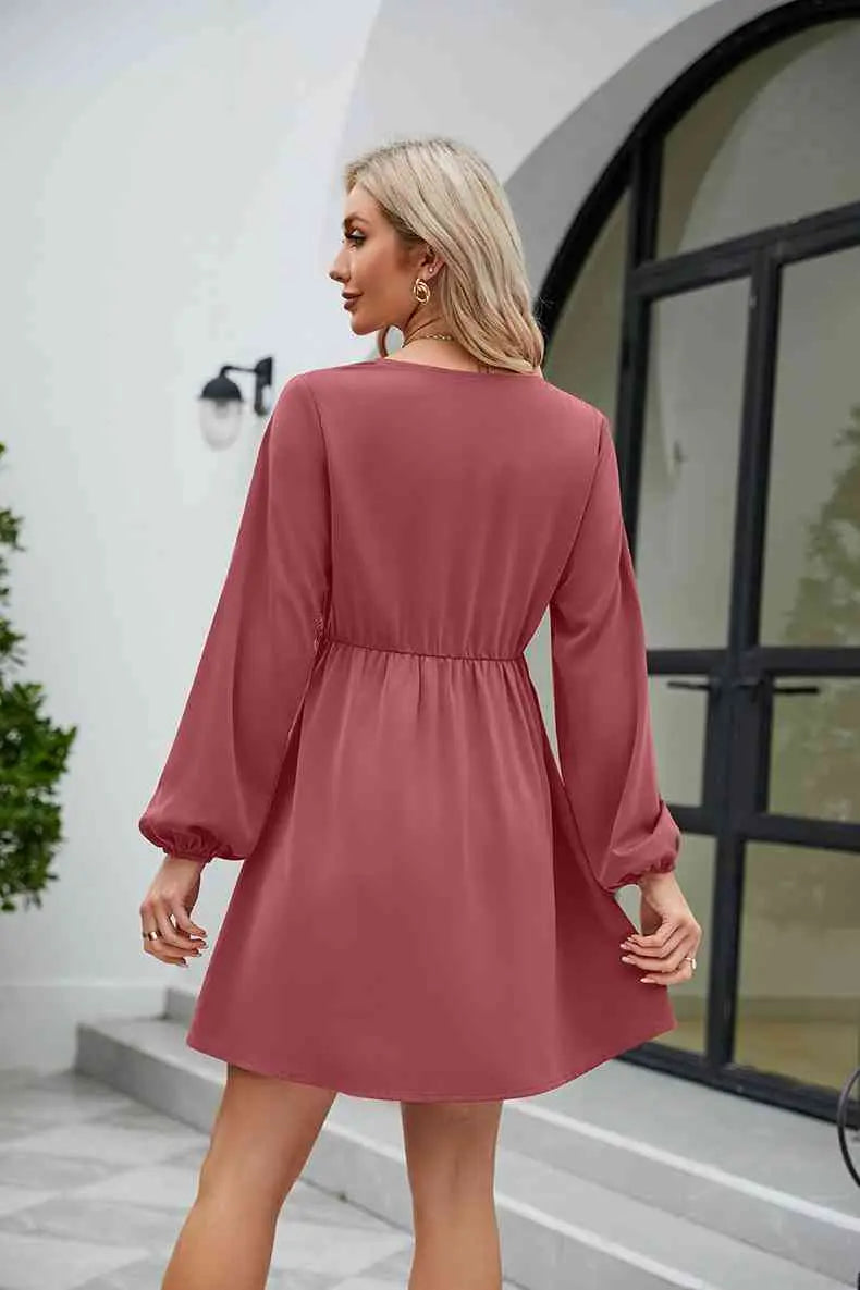 Frill Trim V-Neck Long Sleeve Dress -BazaarBey - www.shopbazaarbey.com