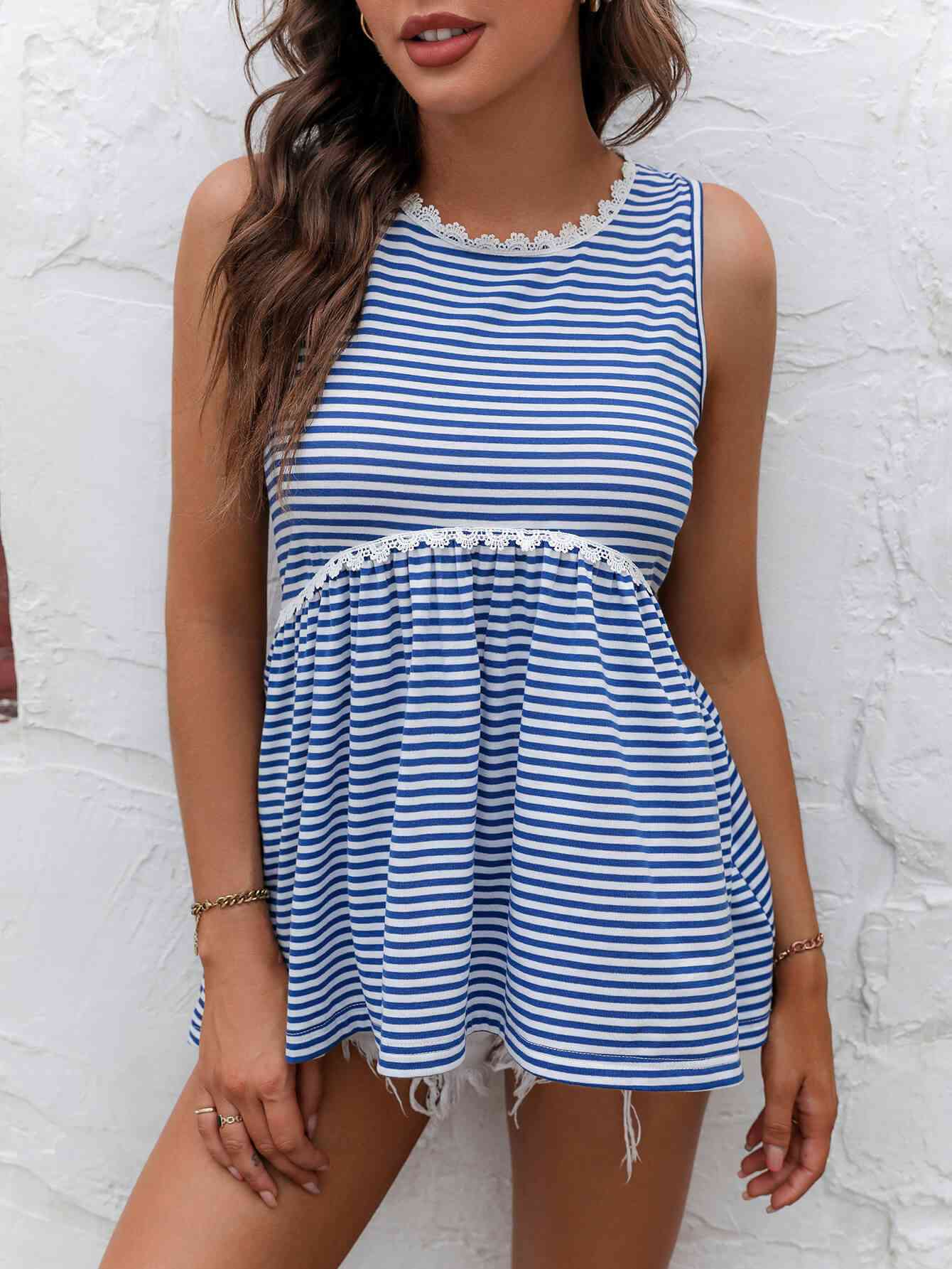 Striped Lace Trim Round Neck Tank Bazaarbey