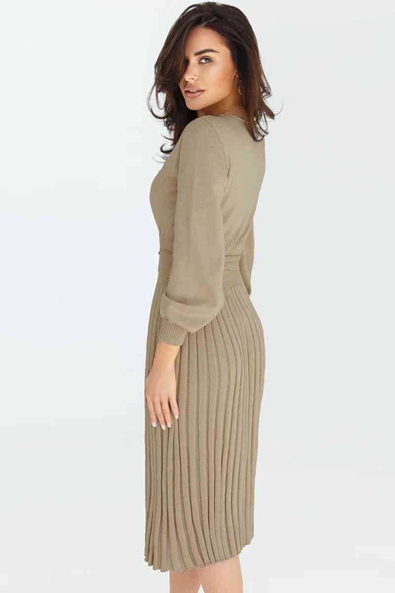 Round Neck Long Sleeve Pleated Sweater Dress Bazaarbey