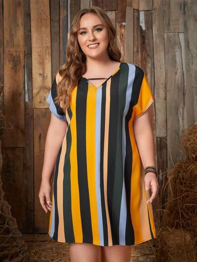 Plus Size Striped Short Sleeve Mini Dress -BazaarBey - www.shopbazaarbey.com