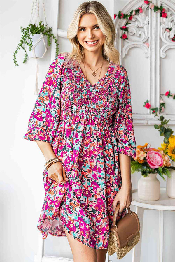 Floral Smocked V-Neck Flounce Sleeve Dress -BazaarBey - www.shopbazaarbey.com