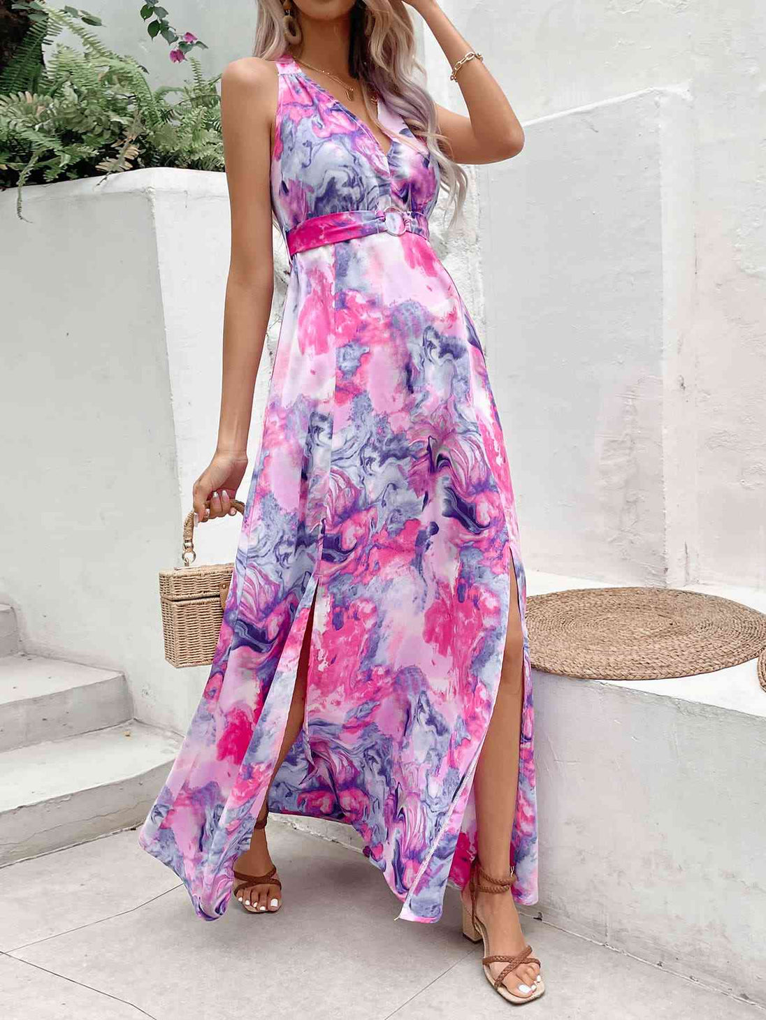 Printed Open Back Slit Sleeveless Dress Bazaarbey