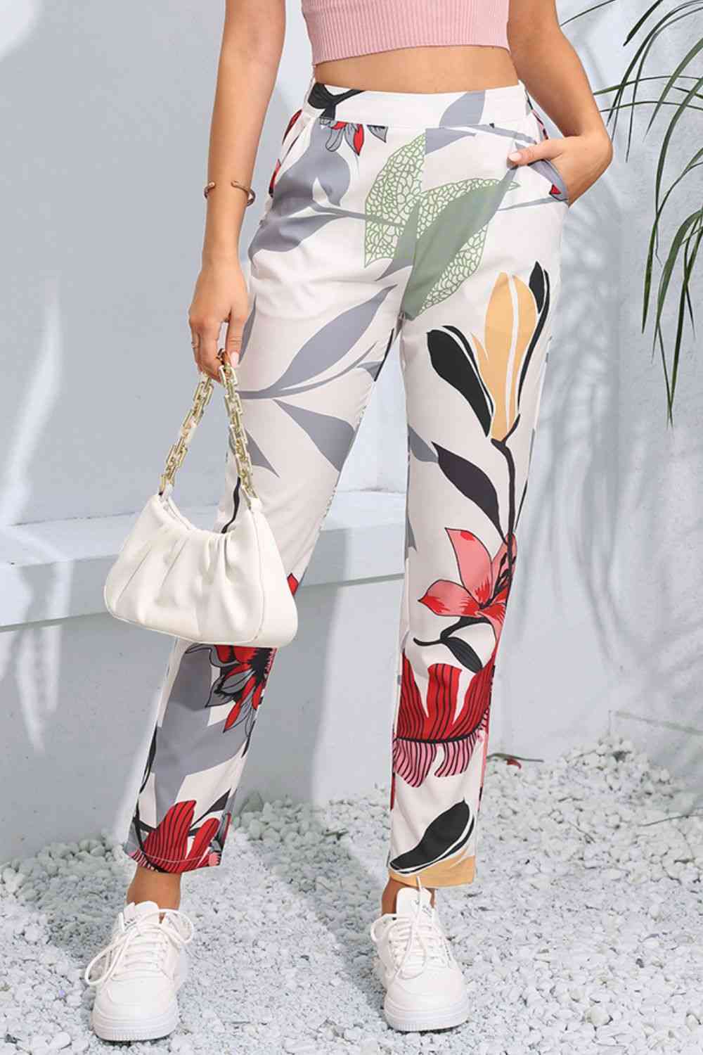 Floral Print Cropped Pants with Pockets Bazaarbey