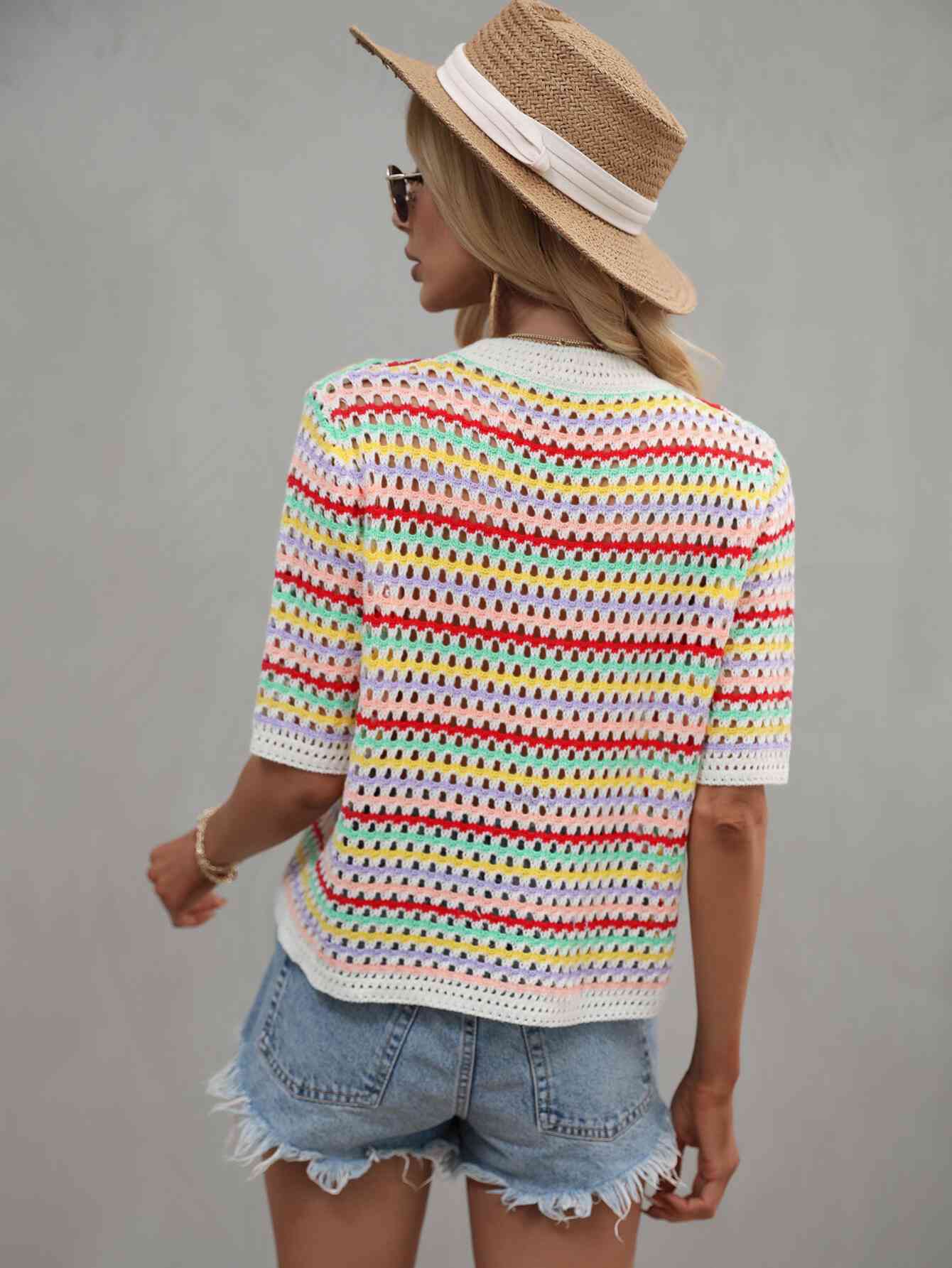 Striped  Half Sleeve Knit Top Trendsi