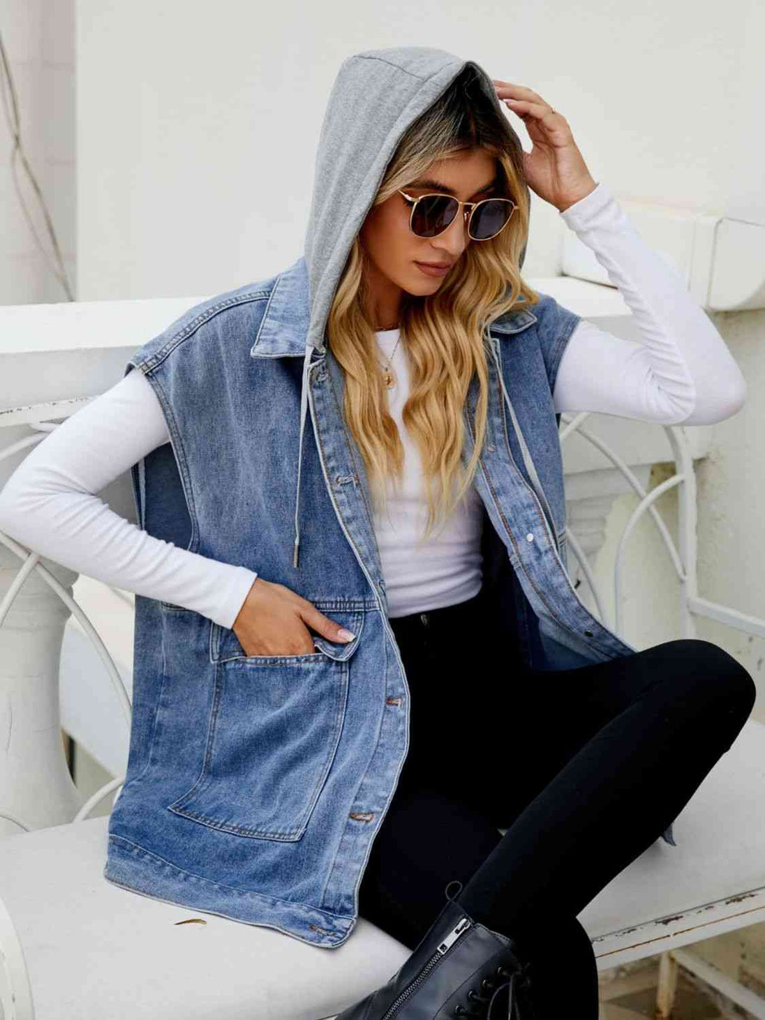 Hooded Sleeveless Denim Top with Pockets Bazaarbey