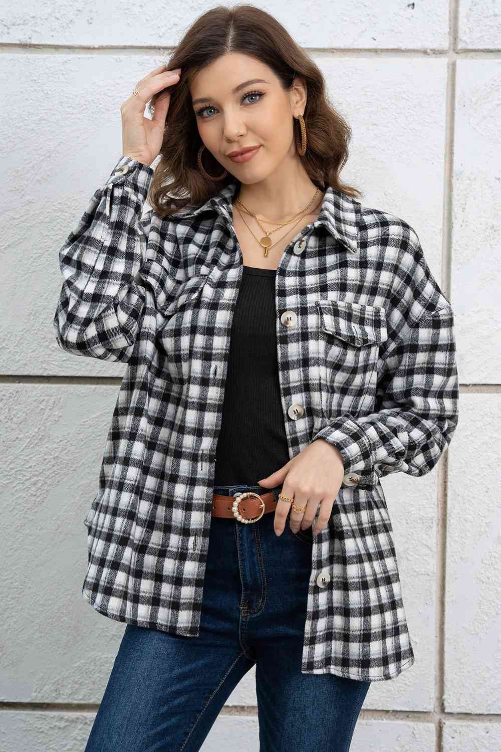 Plaid Dropped Shoulder Shirt Jacket Trendsi