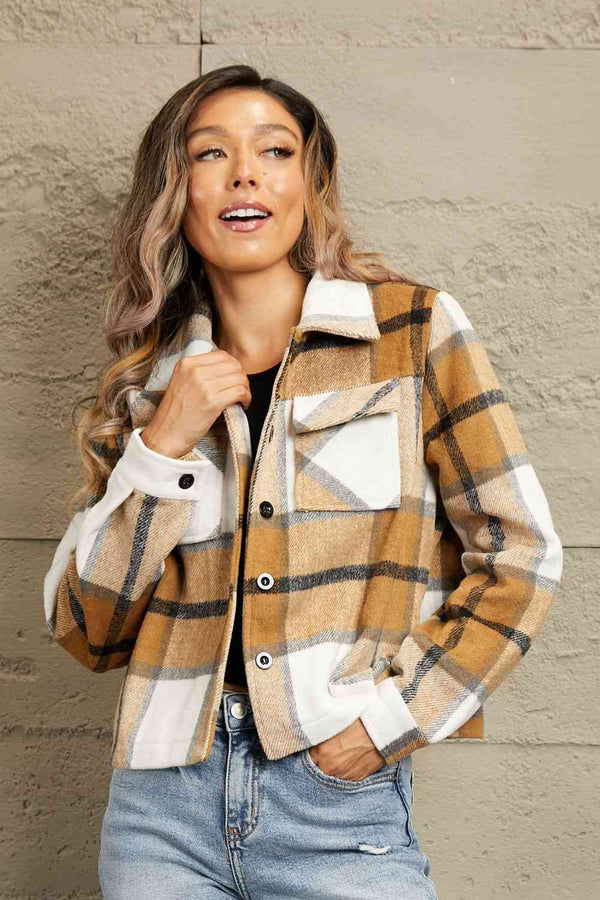  Plaid Collared Neck Jacket with Breast Pockets Trendsi