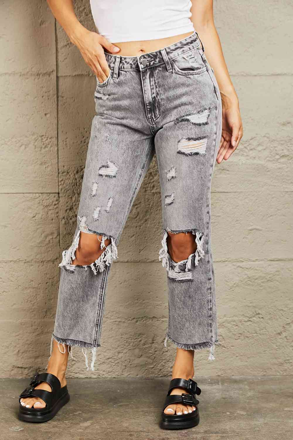  Acid Wash Distressed Straight Jeans Bazaarbey