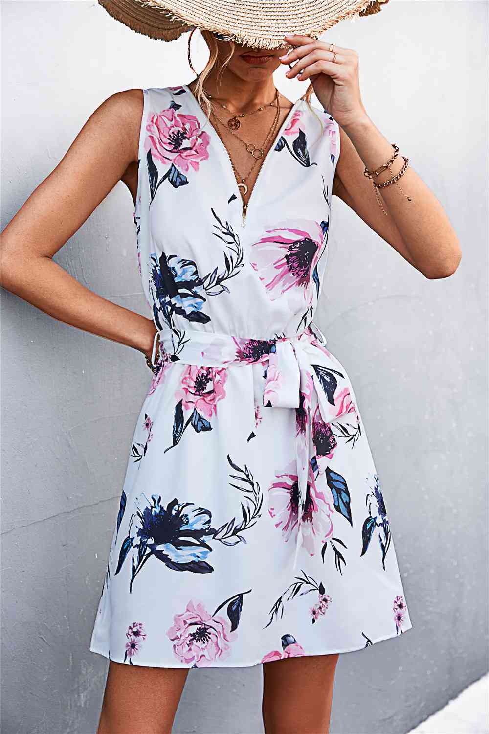 Printed Zip Detail Belted Sleeveless Dress -BazaarBey - www.shopbazaarbey.com