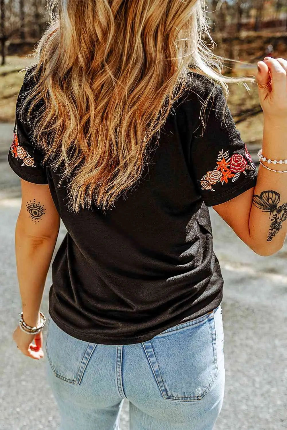 Embroidered Round Neck Tee Shirt Trendsi