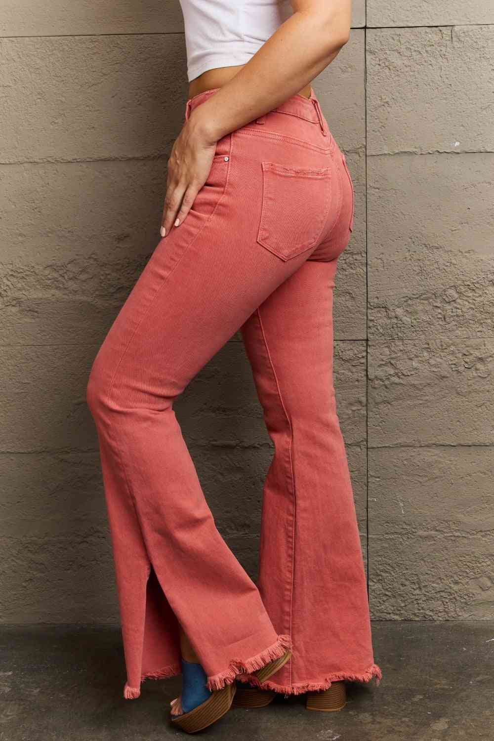  Bailey  High Waist Side Slit Flare Jeans Trendsi