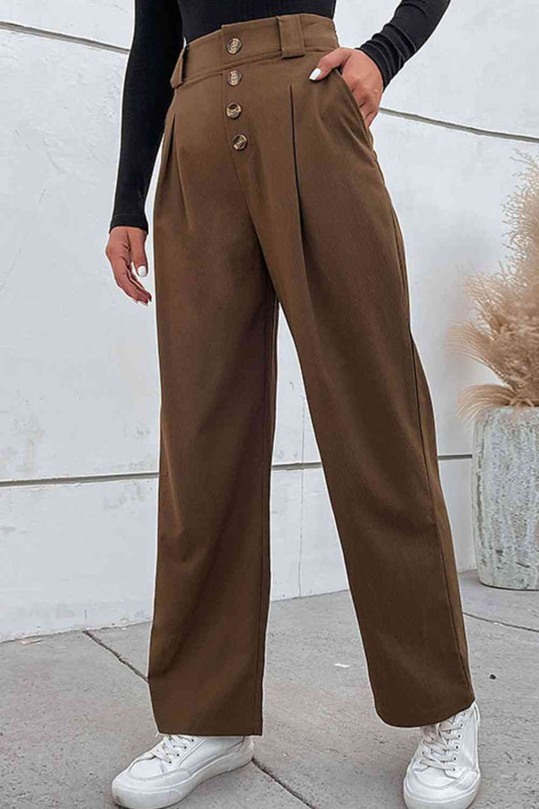 Button-Fly Pleated Waist Wide Leg Pants with Pockets Bazaarbey