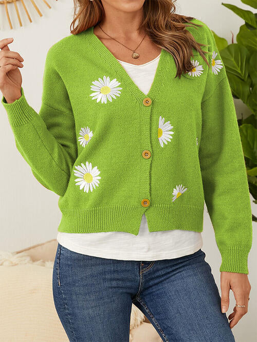 Flower Button Front Dropped Shoulder Cardigan Trendsi