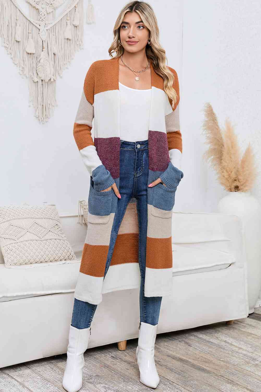 Long   Pocketed Cardigan Trendsi