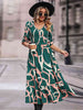 Printed Smocked V-Neck Three-Quarter Sleeve Midi Dress -BazaarBey - www.shopbazaarbey.com