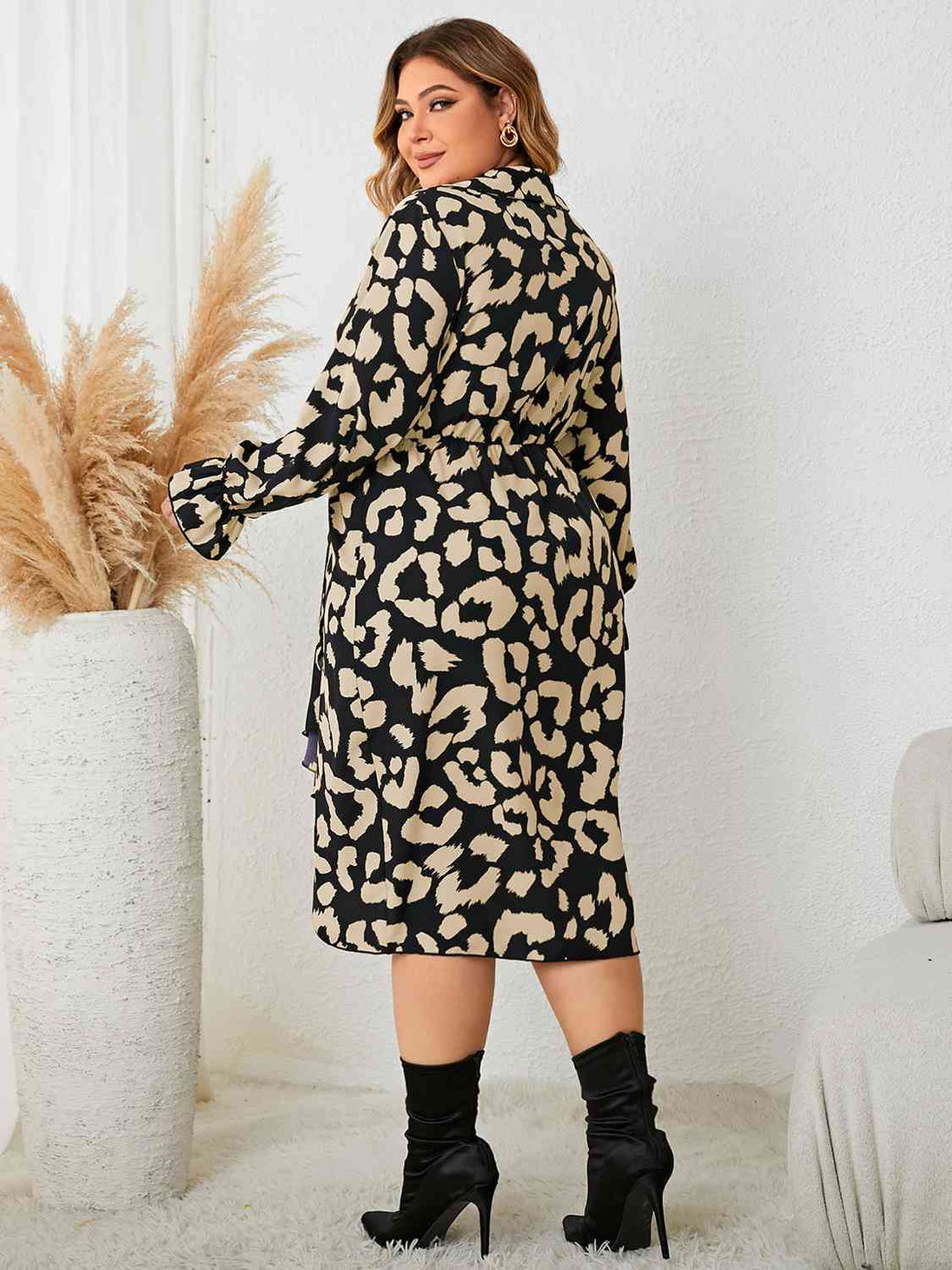 Plus Size Leopard  Neck Flounce Sleeve Dress -BazaarBey - www.shopbazaarbey.com