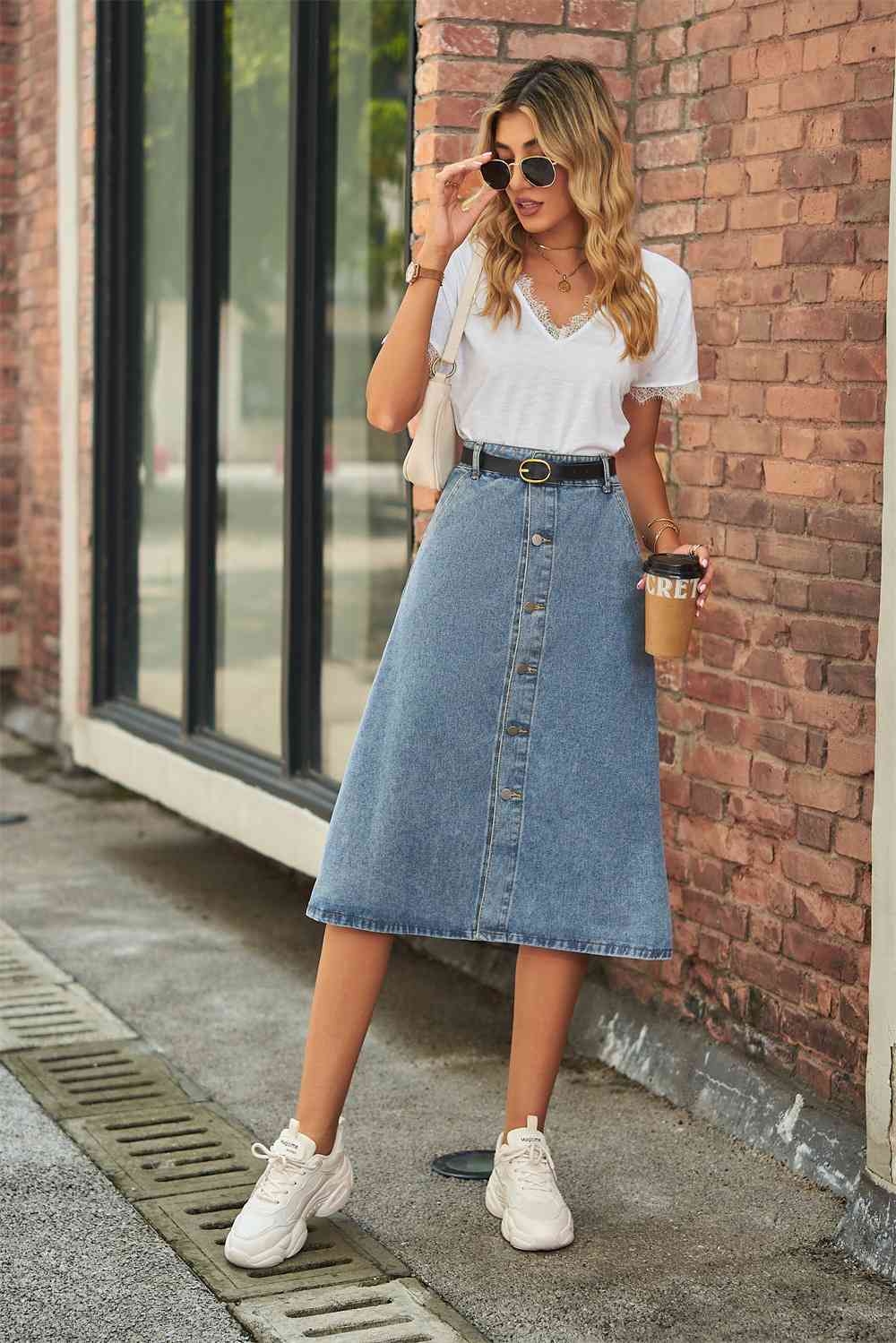 Button Front A-Line Denim Skirt Bazaarbey