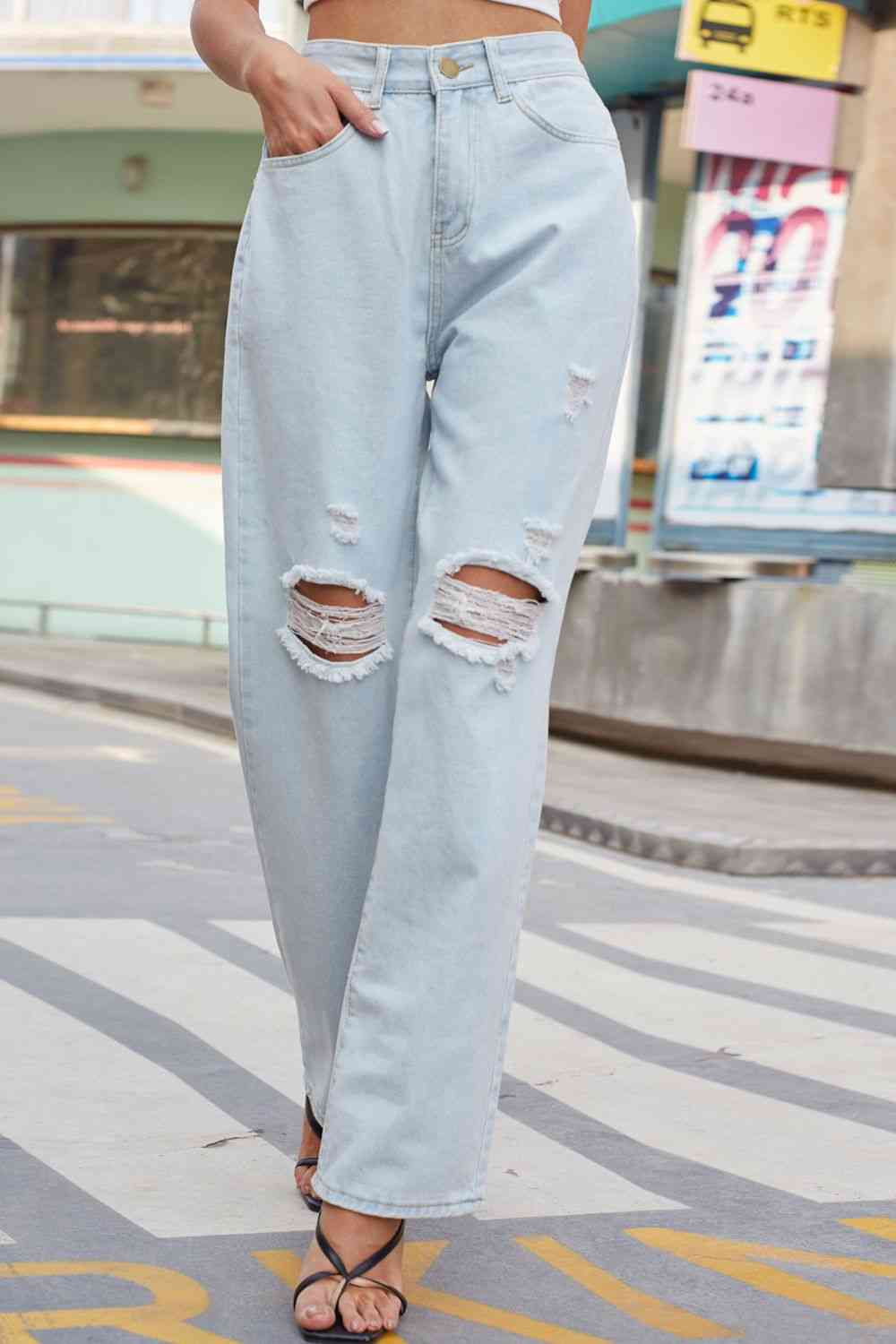  Distressed Straight Leg Jeans with Pockets Bazaarbey