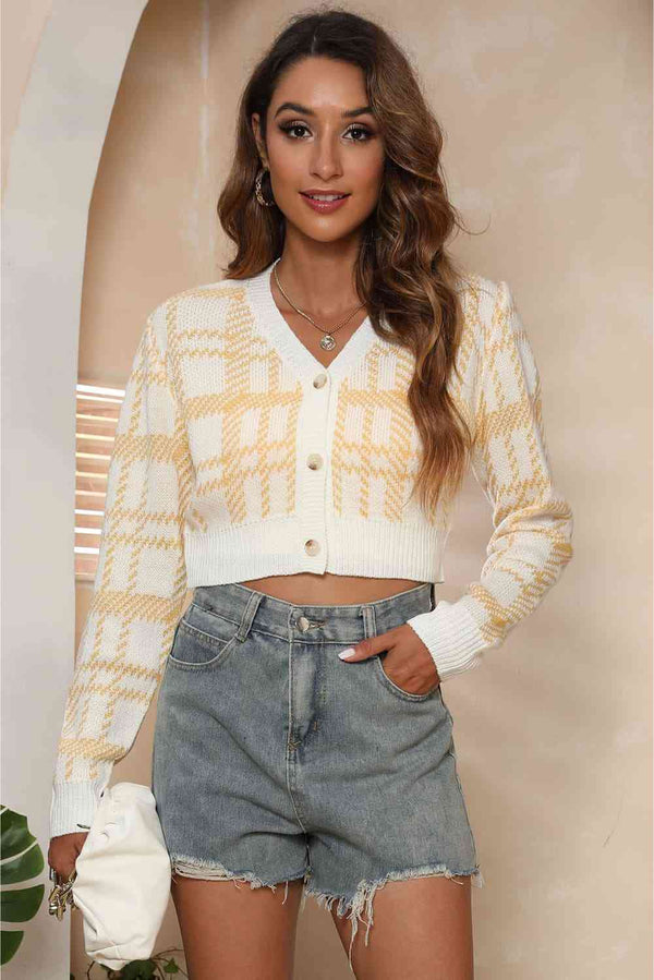 BazaarBey V-Neck Cropped Button-Up Cardigan Trendsi