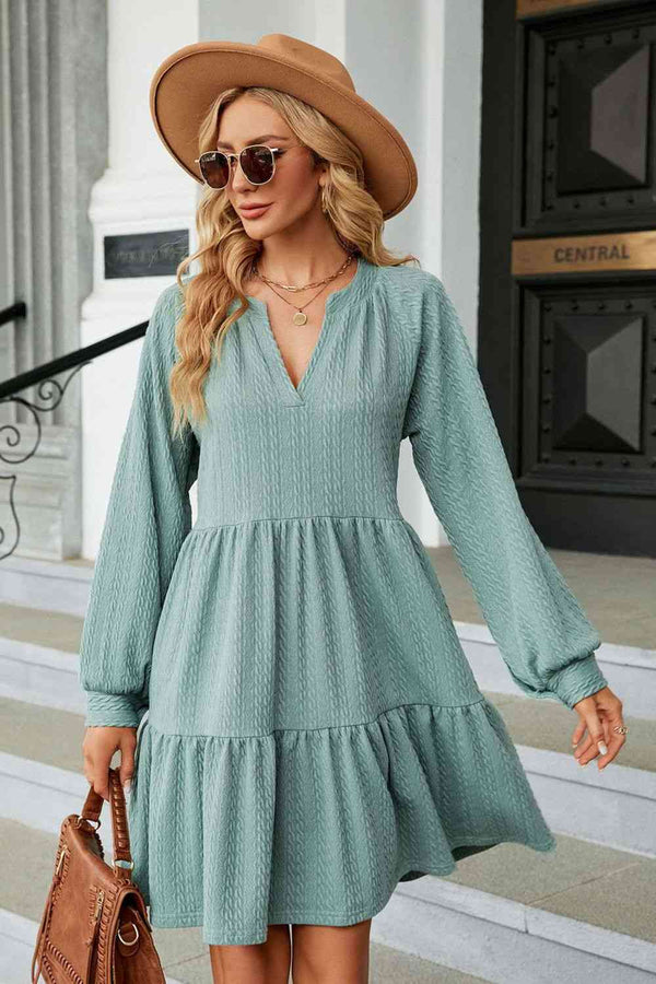 Notched Neck Long Sleeve Mini Dress Bazaarbey