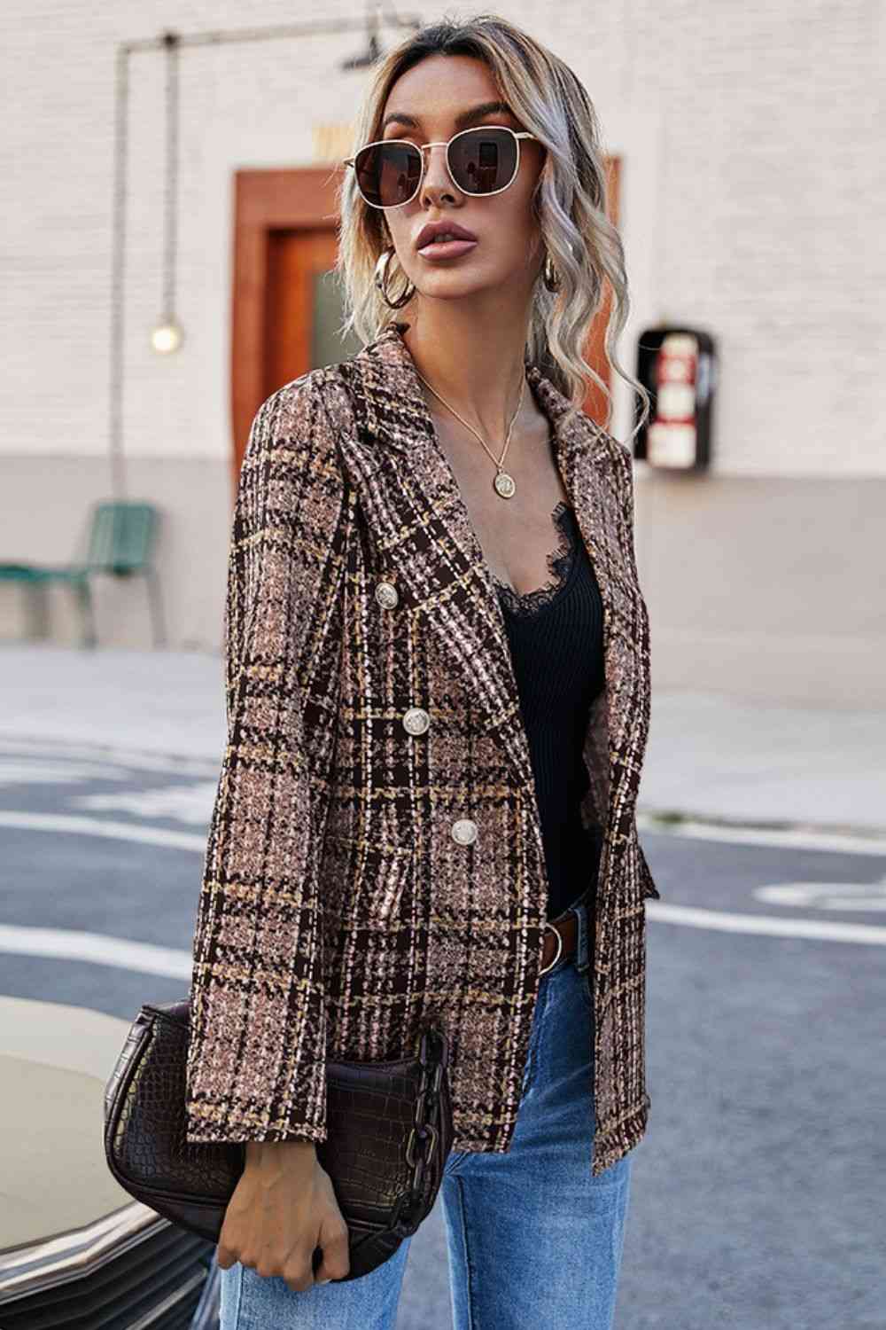  Plaid Buttoned Blazer Trendsi