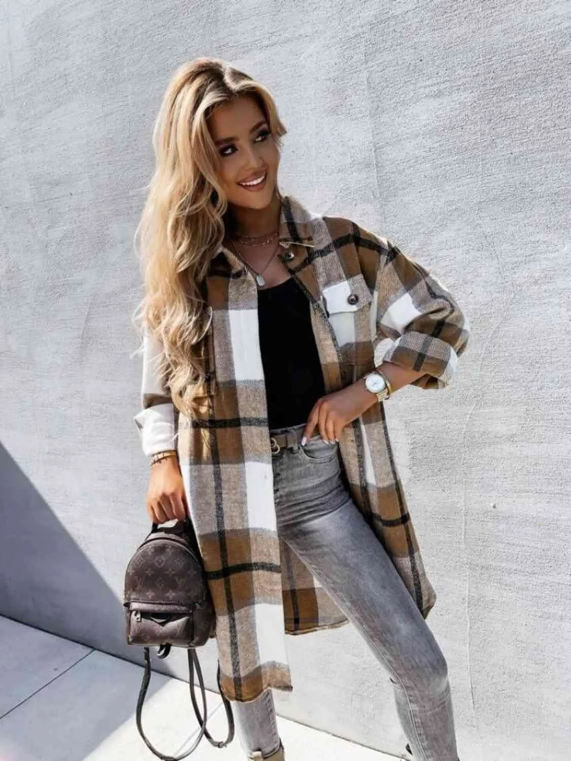 Plaid Collared Neck Longline Shirt Bazaarbey