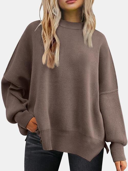 Round Neck Drop Shoulder Slit Sweater Bazaarbey