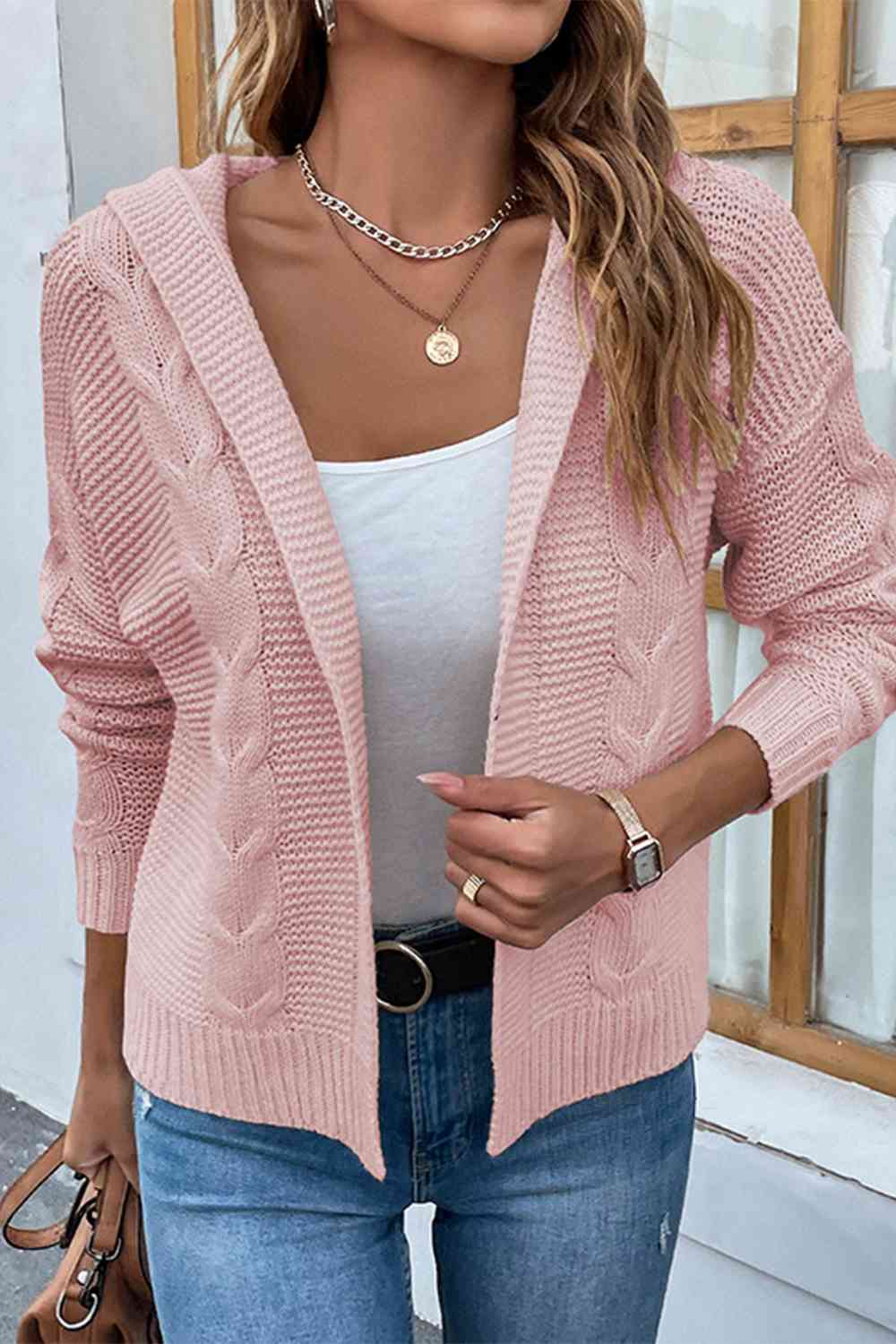 Cable-Knit Dropped Shoulder Hooded Cardigan Bazaarbey