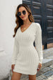 Cable-Knit V-Neck Long Sleeve Mini Sweater Dress Bazaarbey