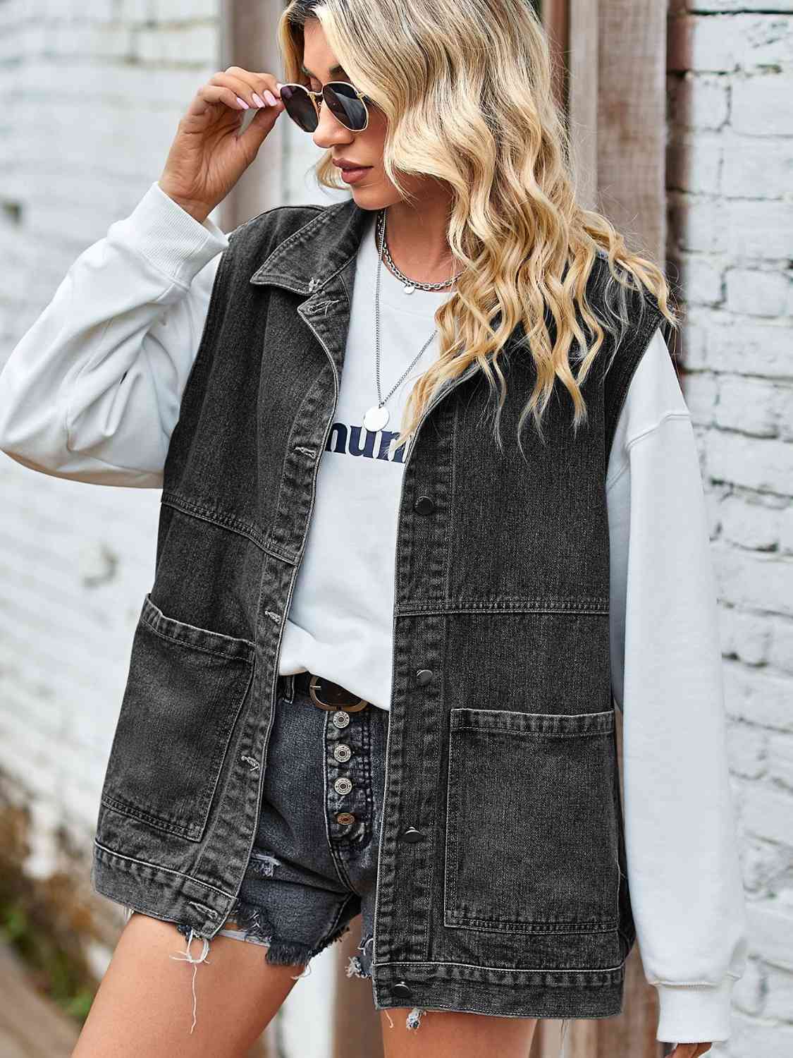 Button Front Sleeveless Denim Jacket Bazaarbey