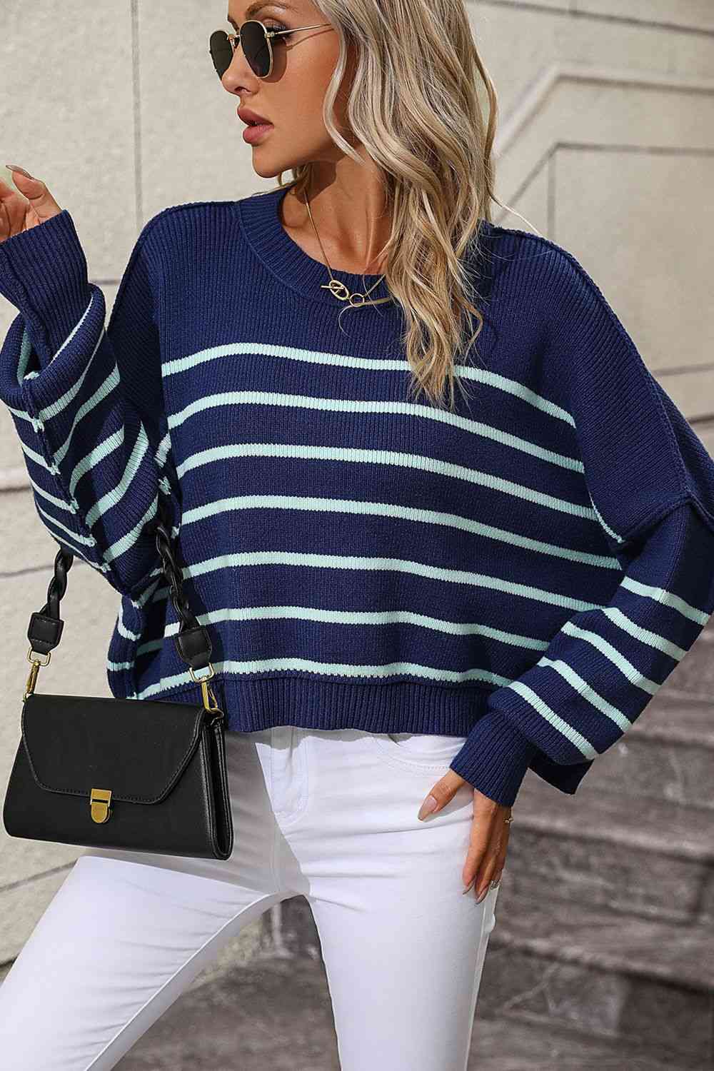 Striped Dropped Shoulder Round Neck Pullover Sweater Bazaarbey