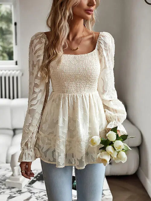 Smocked Flounce Sleeve Peplum Blouse Bazaarbey