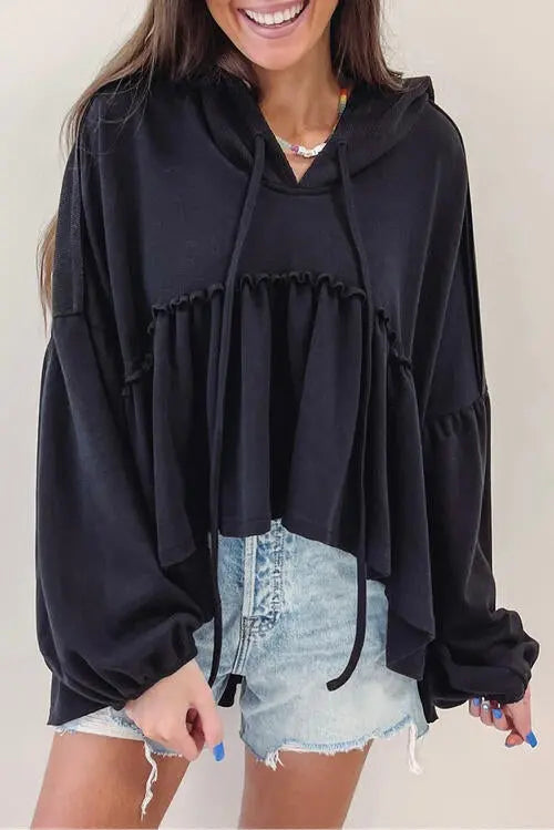 Drawstring High-Low Balloon Sleeve Hoodie Trendsi