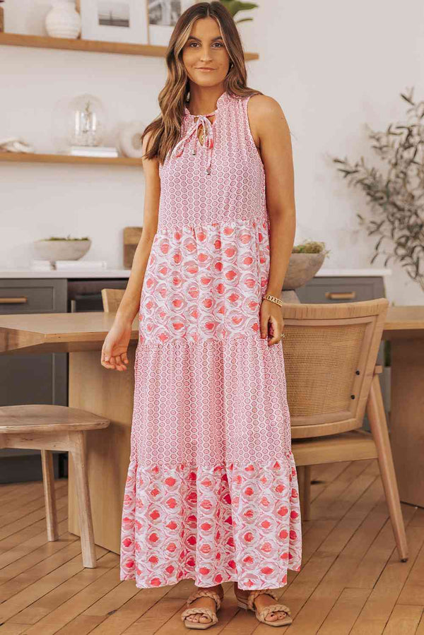 Mixed Print Tie-Neck Sleeveless Maxi Dress Bazaarbey