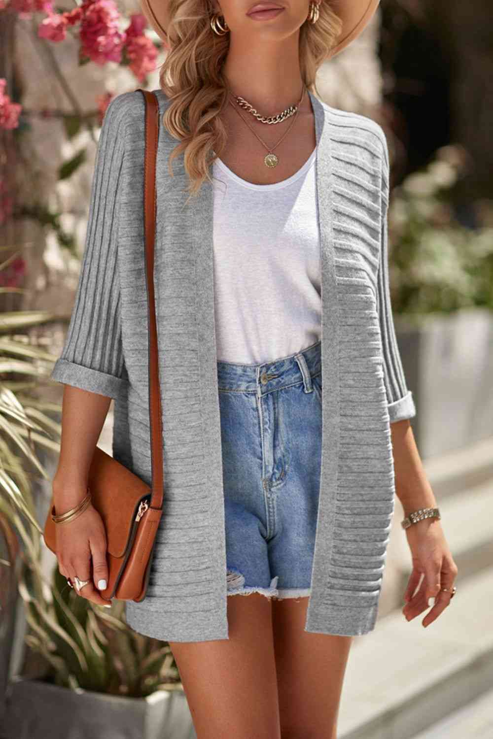 Ribbed Open Front Knit Cardigan Trendsi