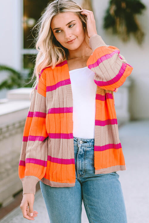 Ribbed Striped Open Front Long Sleeve Cardigan Trendsi