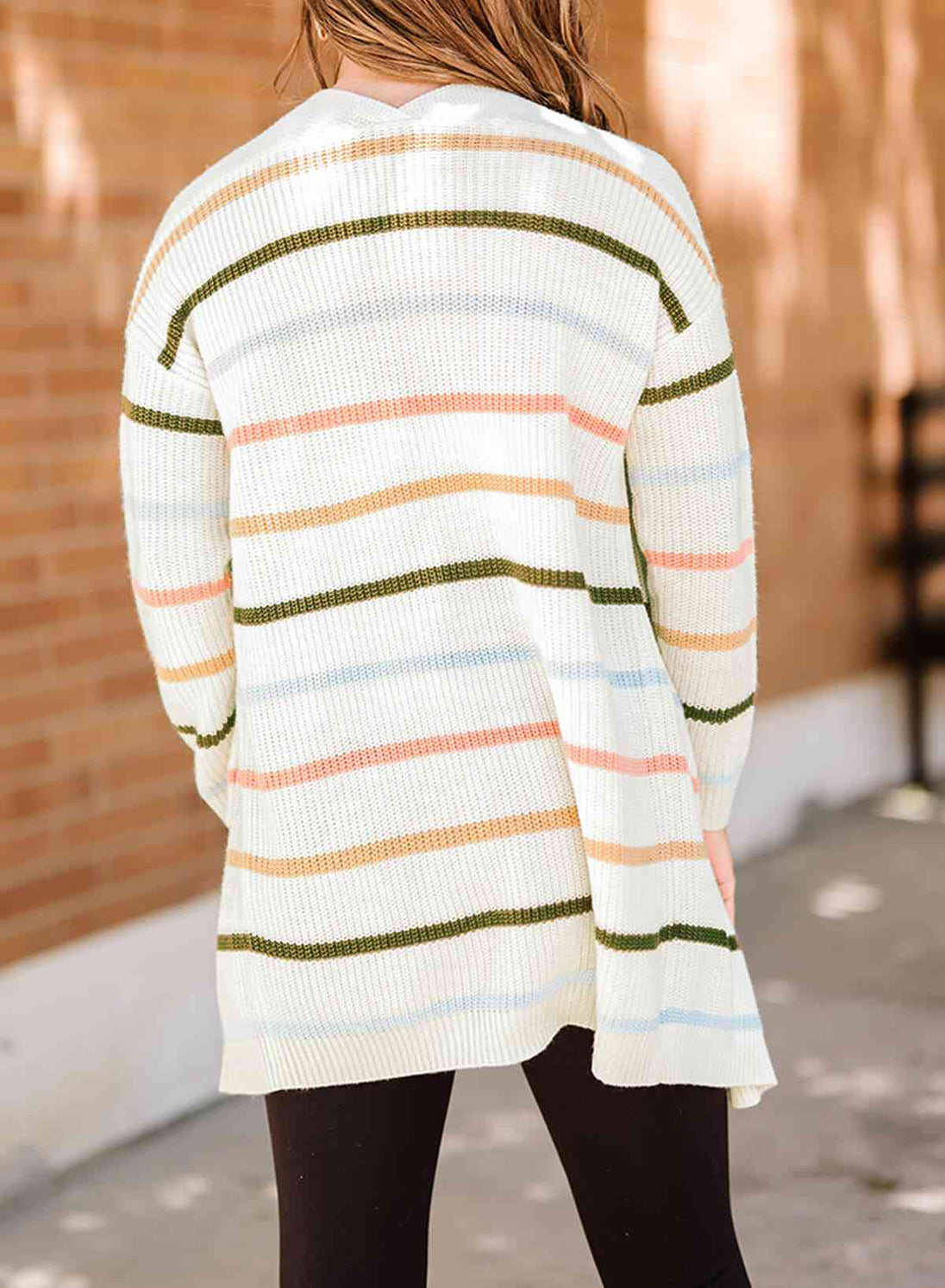 Woven Right Striped Rib-Knit Open Front Pocketed Cardigan Trendsi