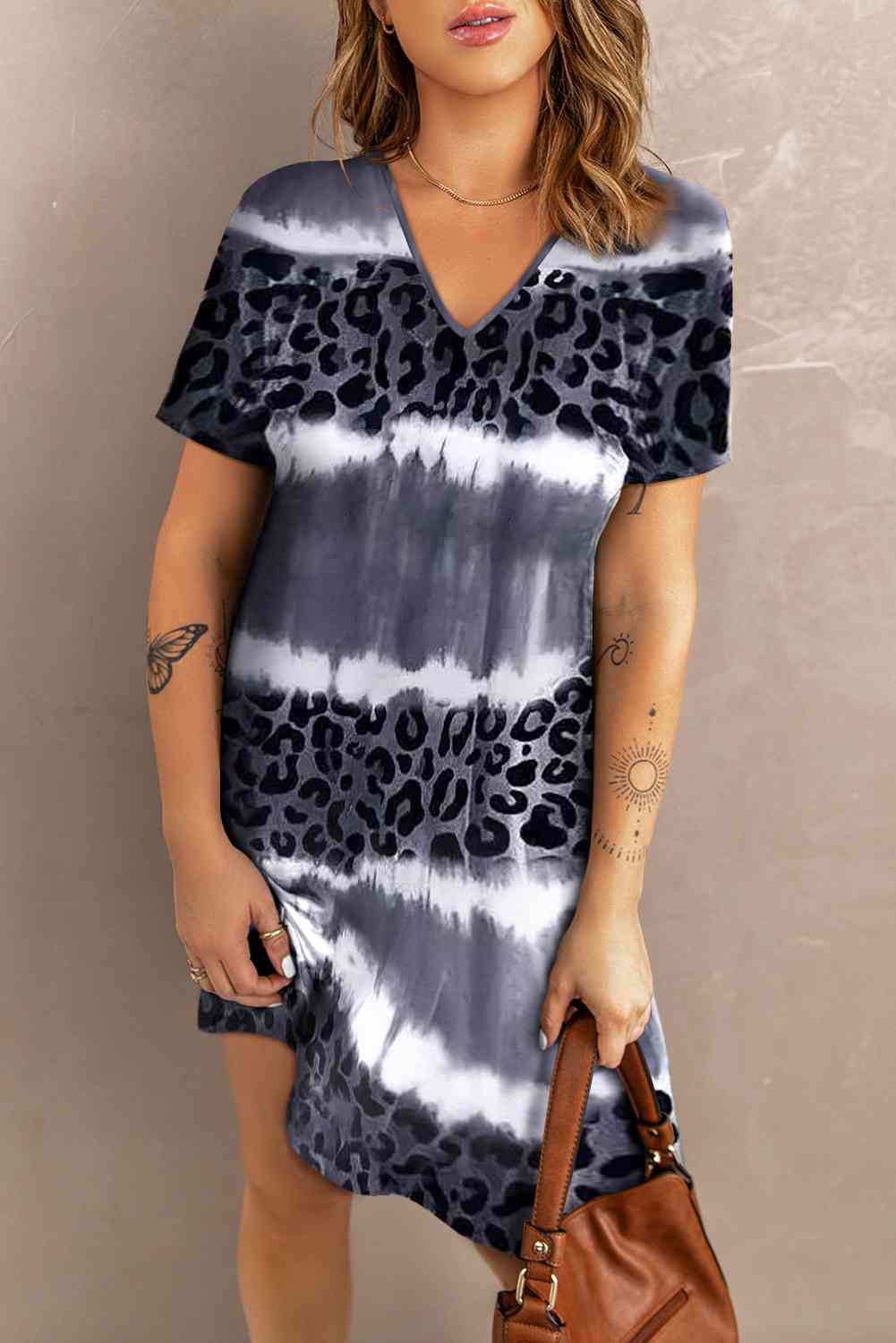 Leopard Color Block V-Neck Short Sleeve Dress -BazaarBey - www.shopbazaarbey.com