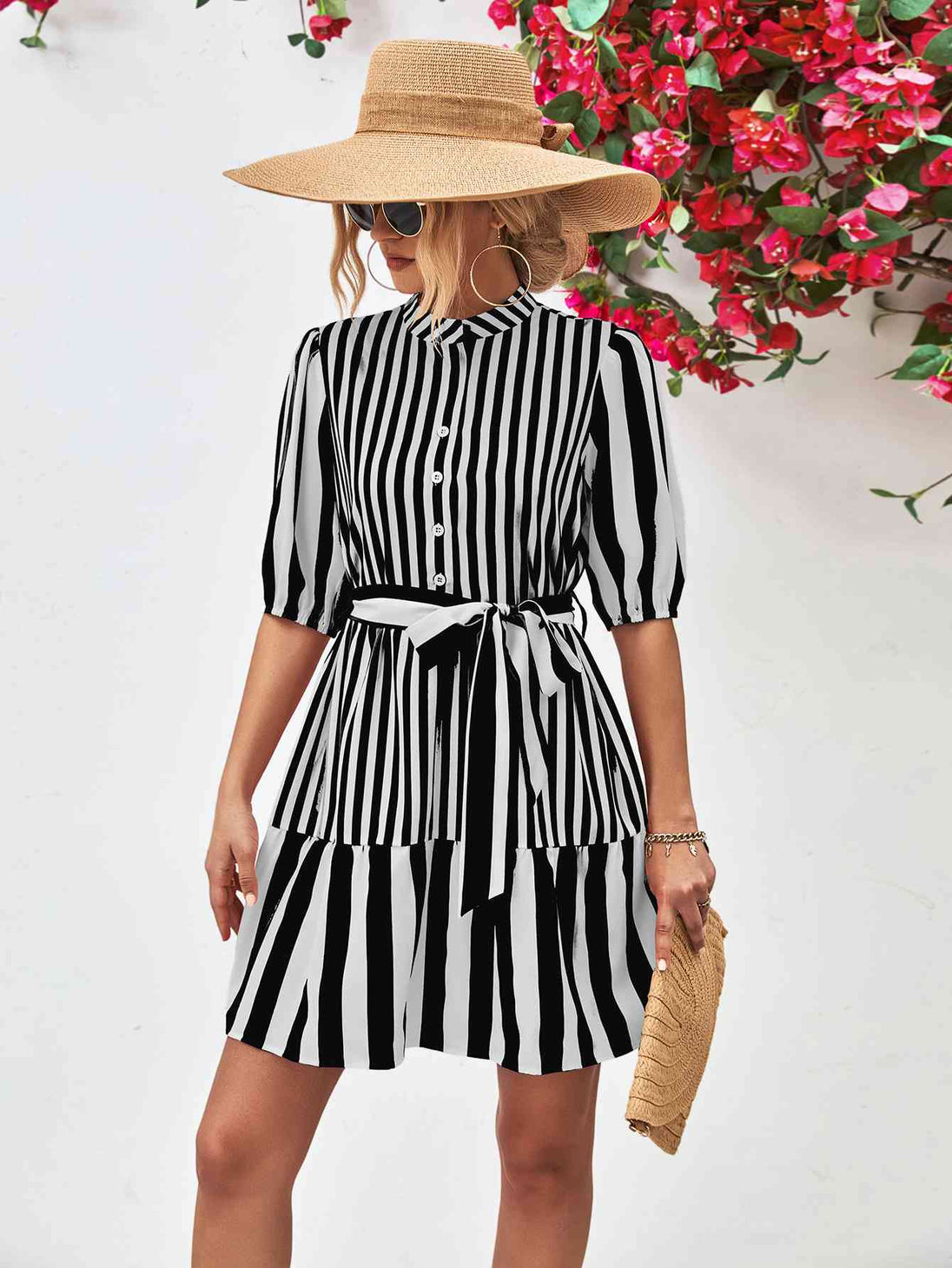 Striped Half Sleeve Tie Waist Mini Dress -BazaarBey - www.shopbazaarbey.com