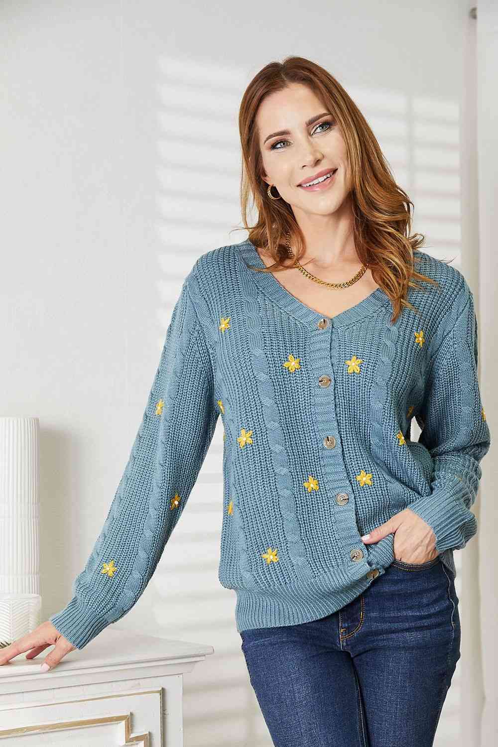   Floral Embroidered Cable Cardigan Trendsi