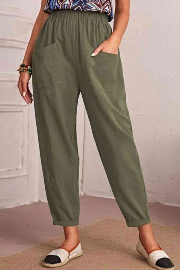 Elastic Waist Pocket Tapered Pants Bazaarbey