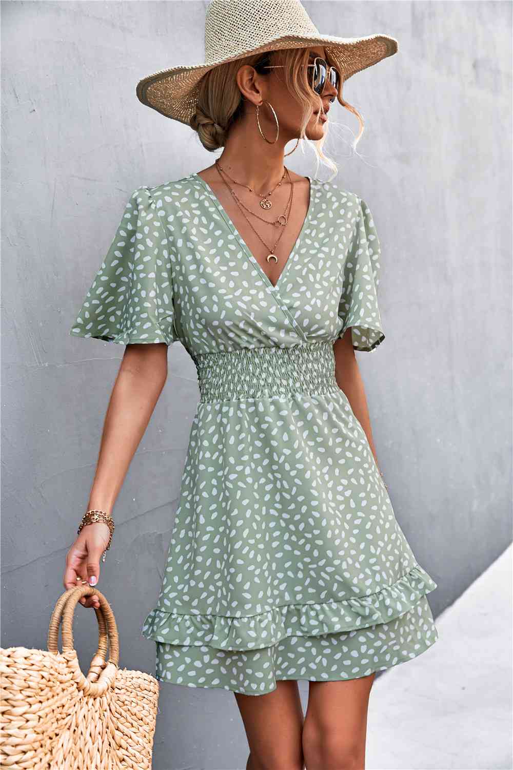 Printed Smocked Waist Layered  Dress -BazaarBey - www.shopbazaarbey.com