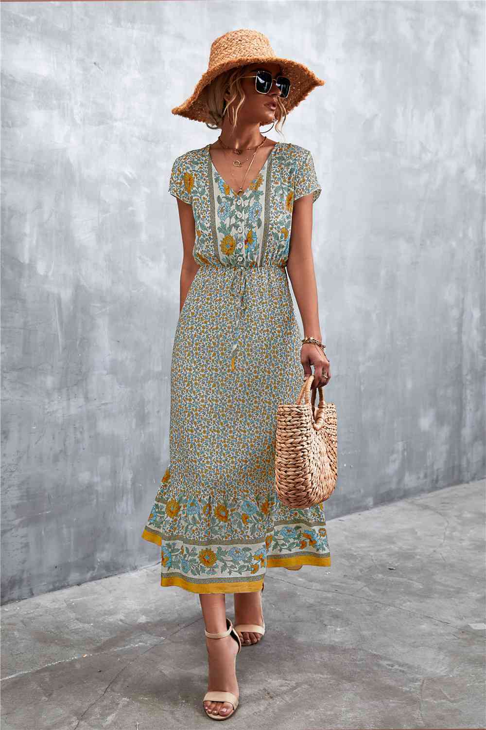 V-Neck Short Sleeve Printed Maxi Dress Bazaarbey